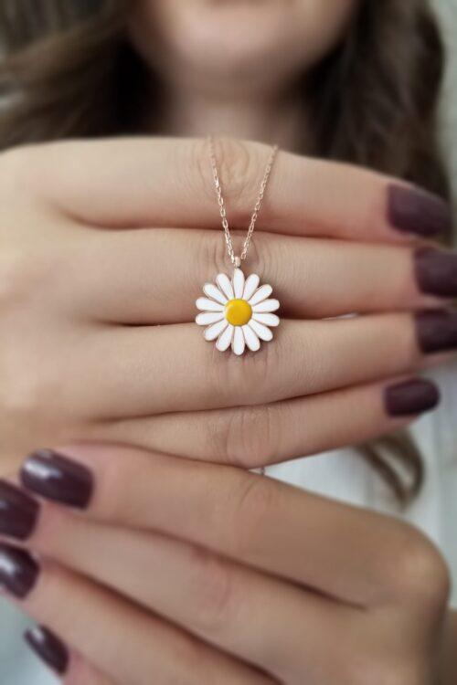 Kadın Papatya Tasarım Mineli Rose 925 Ayar Gümüş Kolye - Görsel 2