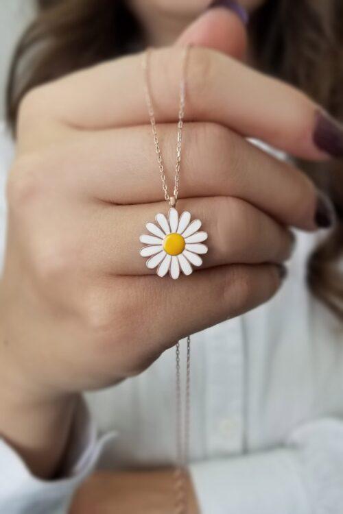 Kadın Papatya Tasarım Mineli Rose 925 Ayar Gümüş Kolye - Görsel 1