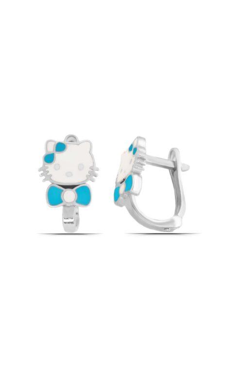 Hello Kitty Mavi Kedi Tasarım 925 Ayar Gümüş Kız Çocuk Küpe - Görsel 1