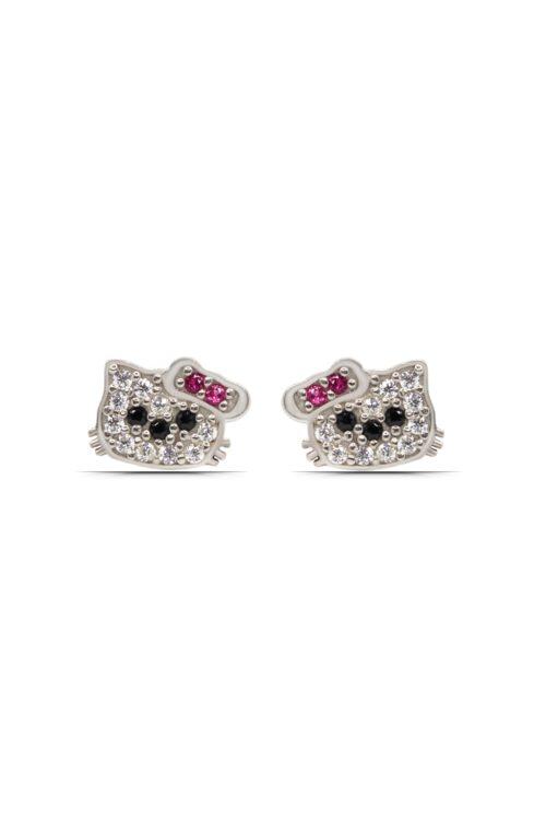 Hello Kitty Kedi 925 ayar Gümüş Çocuk Küpe - Görsel 3