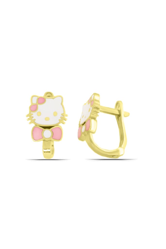 Hello Kitty tasarımlı altın kaplama 925 ayar gümüş kız çocuk küpesi