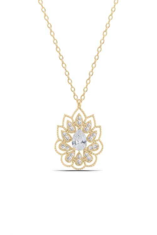 Montür Beyaz Damla Taşlı Lotus Çiçeği 925 Ayar Gümüş Kadın Kolye - Görsel 2