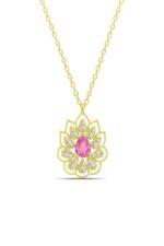 Montür Pembe Damla Taşlı Lotus Çiçeği 925 Ayar Gümüş Kadın Kolye - Görsel 3