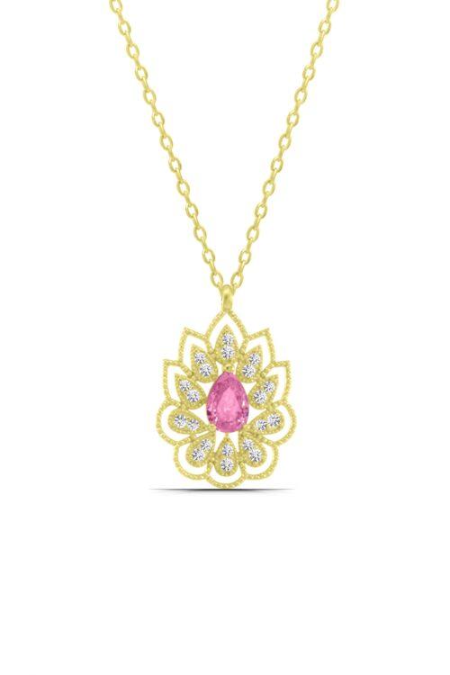 Montür Pembe Damla Taşlı Lotus Çiçeği 925 Ayar Gümüş Kadın Kolye - Görsel 3