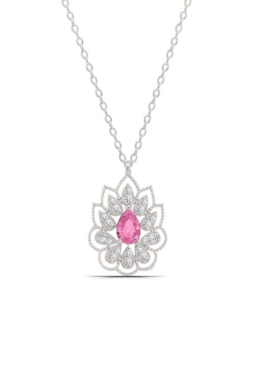Montür Pembe Damla Taşlı Lotus Çiçeği 925 Ayar Gümüş Kadın Kolye - Görsel 1