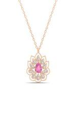 Montür Pembe Damla Taşlı Lotus Çiçeği 925 Ayar Gümüş Kadın Kolye - Görsel 2