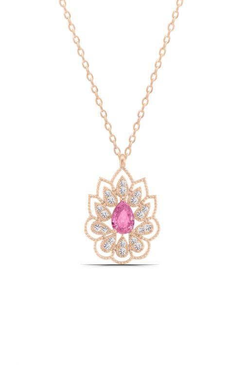 Montür Pembe Damla Taşlı Lotus Çiçeği 925 Ayar Gümüş Kadın Kolye - Görsel 2