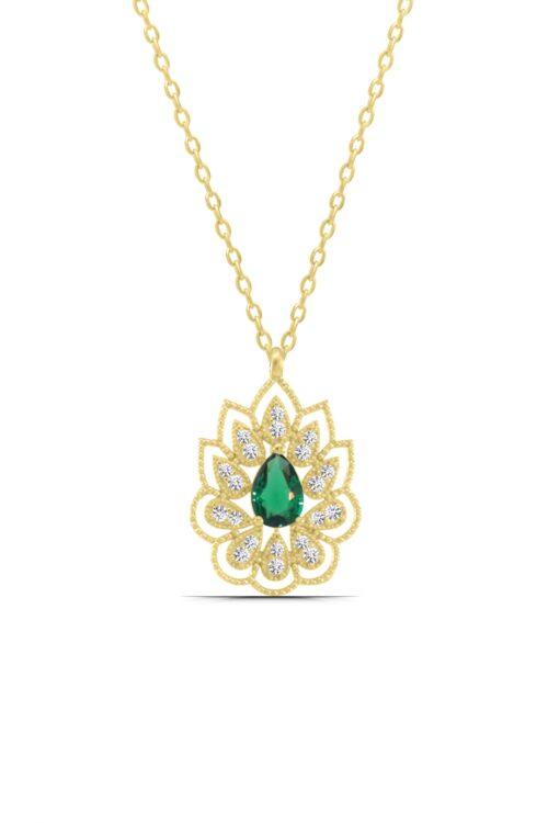 Montür Yeşil Damla Taşlı Lotus Çiçeği 925 Ayar Gümüş Kadın Kolye - Görsel 3