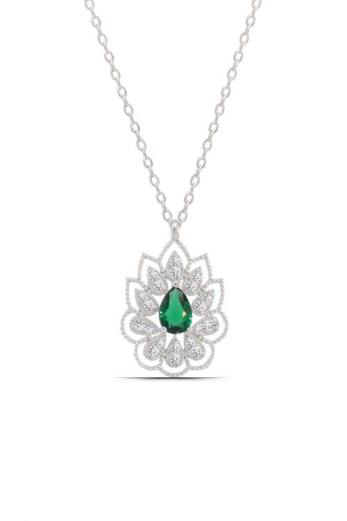 Montür Yeşil Damla Taşlı Lotus Çiçeği 925 Ayar Gümüş Kadın Kolye - Görsel 1