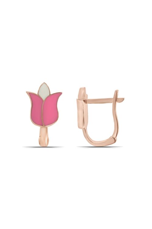 Pembe Lale Mineli Rose 925 Ayar Gümüş Çocuk Küpe - Görsel 1