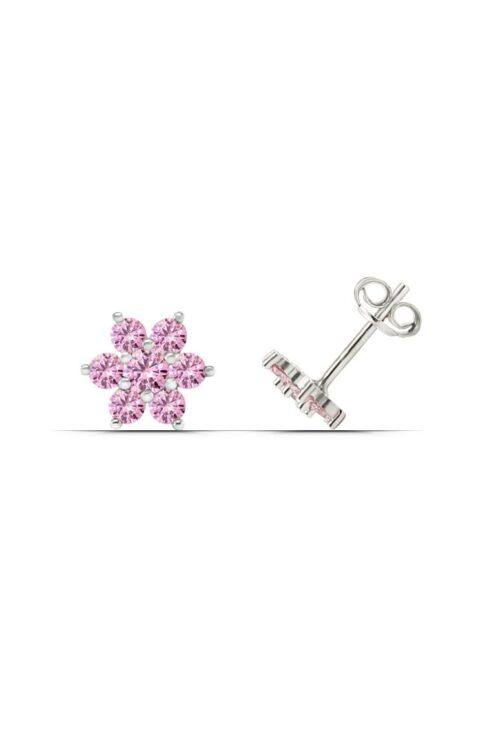 Pembe Zirkon Taşlı Çiçek Tasarım 925 Ayar Gümüş Küpe - Görsel 1