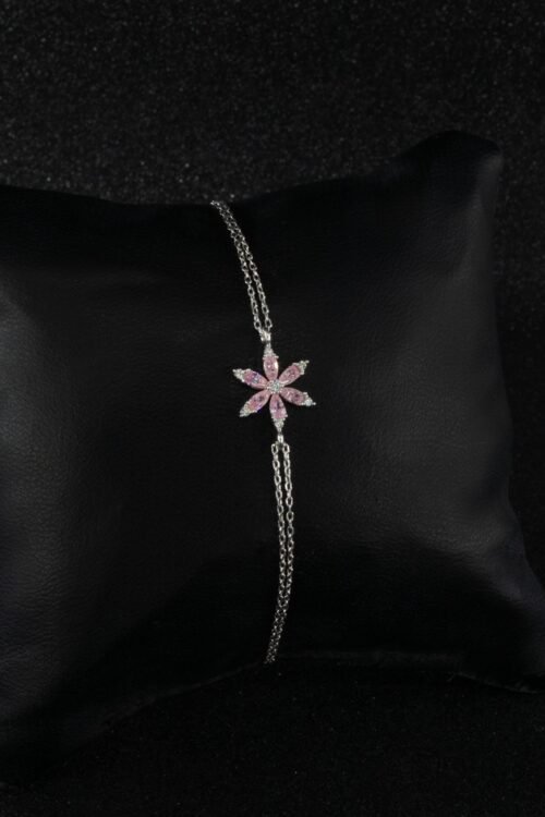 Pembe Lotus Çiçeği Minimal 925 Ayar Gümüş Kadın Bileklik - Görsel 1