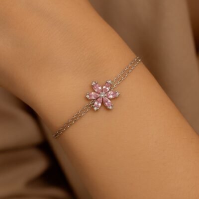 Pembe Lotus 925 Ayar Gümüş Kadın Ayarlanabilir Bileklik