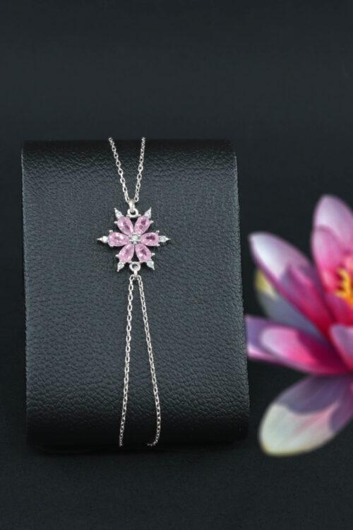 Pembe Lotus 925 Ayar Gümüş Kadın Ayarlanabilir Bileklik - Görsel 2