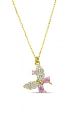 Pembe Taşlı 925 Ayar Gümüş Kadın Kelebek Kolye - Görsel 4