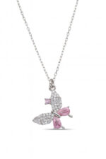 Pembe Taşlı 925 Ayar Gümüş Kadın Kelebek Kolye - Görsel 3