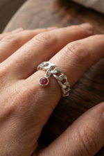 Doğum Taşı Charm Zincir 925 Ayar Gümüş Ayarlanabilir Kadın Yüzük