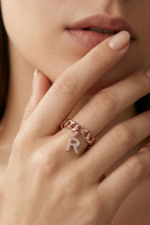 Baş Harf Charm Zincir 925 Ayar Gümüş Ayarlanabilir Kadın Yüzük