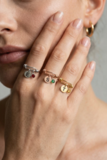 Harfli Plaka ve Doğum Taşı 925 Ayar Gümüş Ayarlanabilir Kadın Yüzük - Görsel 4