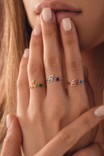 Harfli ve Doğum Taşlı 925 Ayar Gümüş Kadın Ayarlanabilir Yüzük