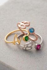 Harfli ve Doğum Taşlı 925 Ayar Gümüş Kadın Ayarlanabilir Yüzük - Görsel 6