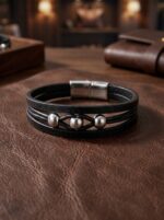 Çelik Top Detalı Erkek Deri Bileklik Premium Hediye 01825 - Görsel 6