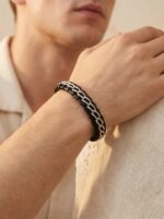 Çift Zincir Çelik Ve Deri Detaylı Erkek Maskülen Premium Bileklik 01838 - Görsel 3