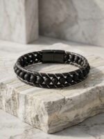 Mat Oniks Taşlı Deri Kordon Ve Çelik Bileklik 6mm Erkek Hediye 01800 - Görsel 3